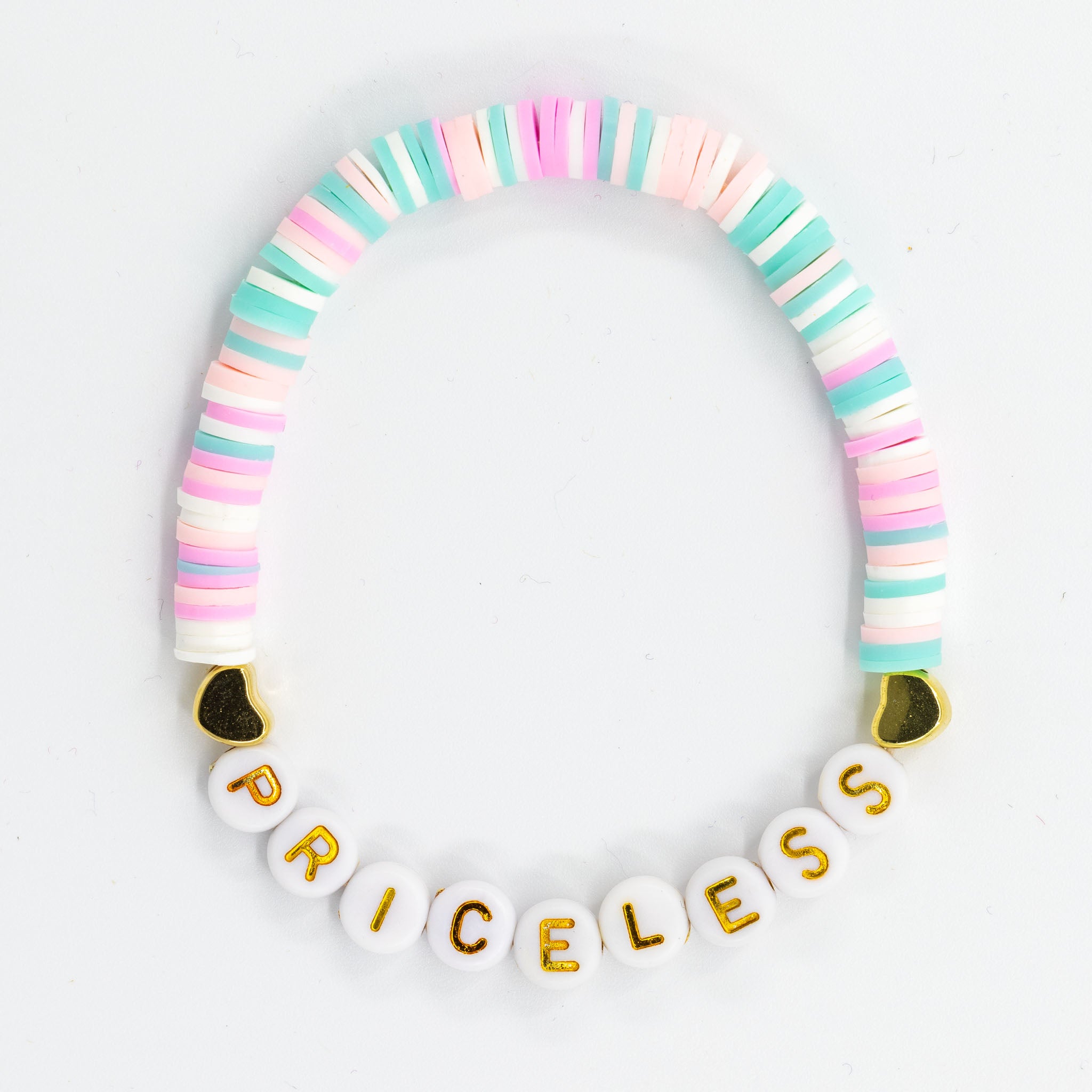 Colorful beaded necklace with 'PRICELESS' on a white background
