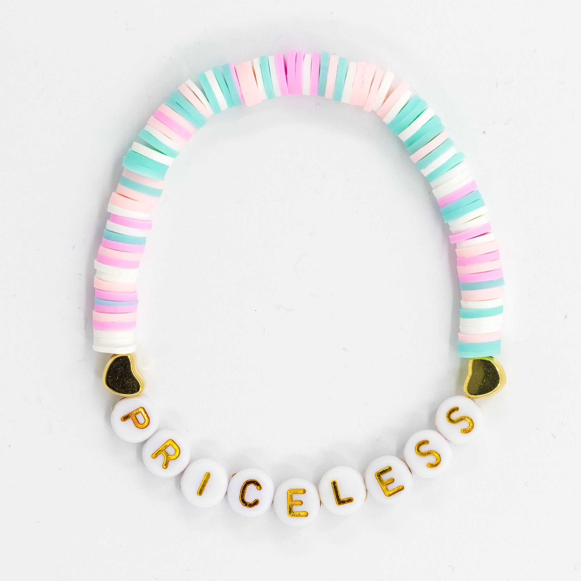 Colorful beaded necklace with 'PRICELESS' on a white background